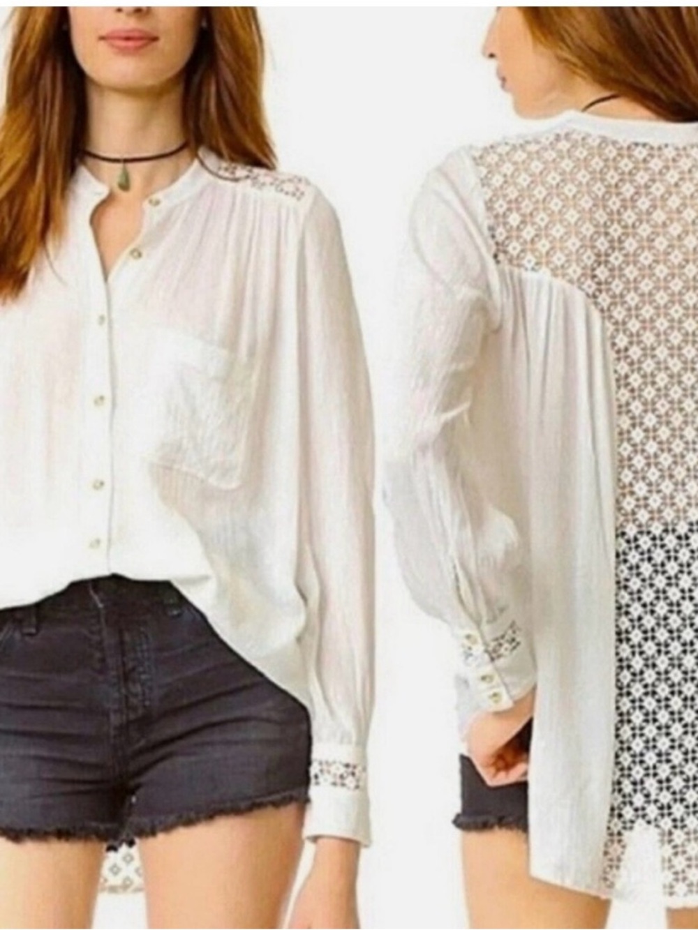 Free People Lace Back Boho Blouse XS Cream Button Front Sheer Long Sleeve
